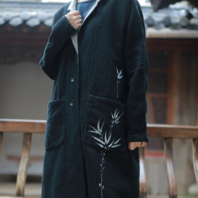 复古文艺棉麻风衣外套女中长款春秋双层禅意中式开衫外批宽松长款