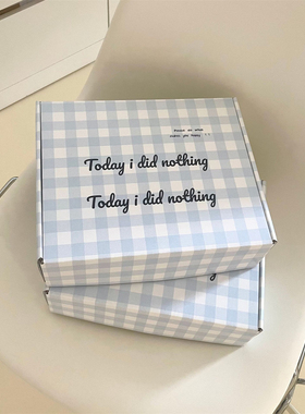 自制版权款 ins韩系蓝格英文盒子飞机盒加硬内衣发圈快递包装盒纸