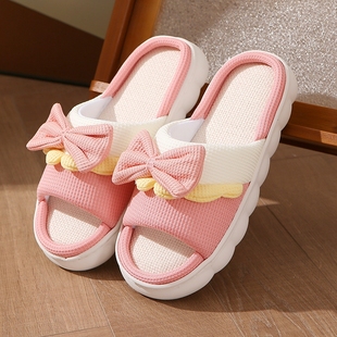 女防滑室内居家可爱情侣棉麻厚底透气凉拖 蝴蝶结亚麻拖鞋 新款 夏季