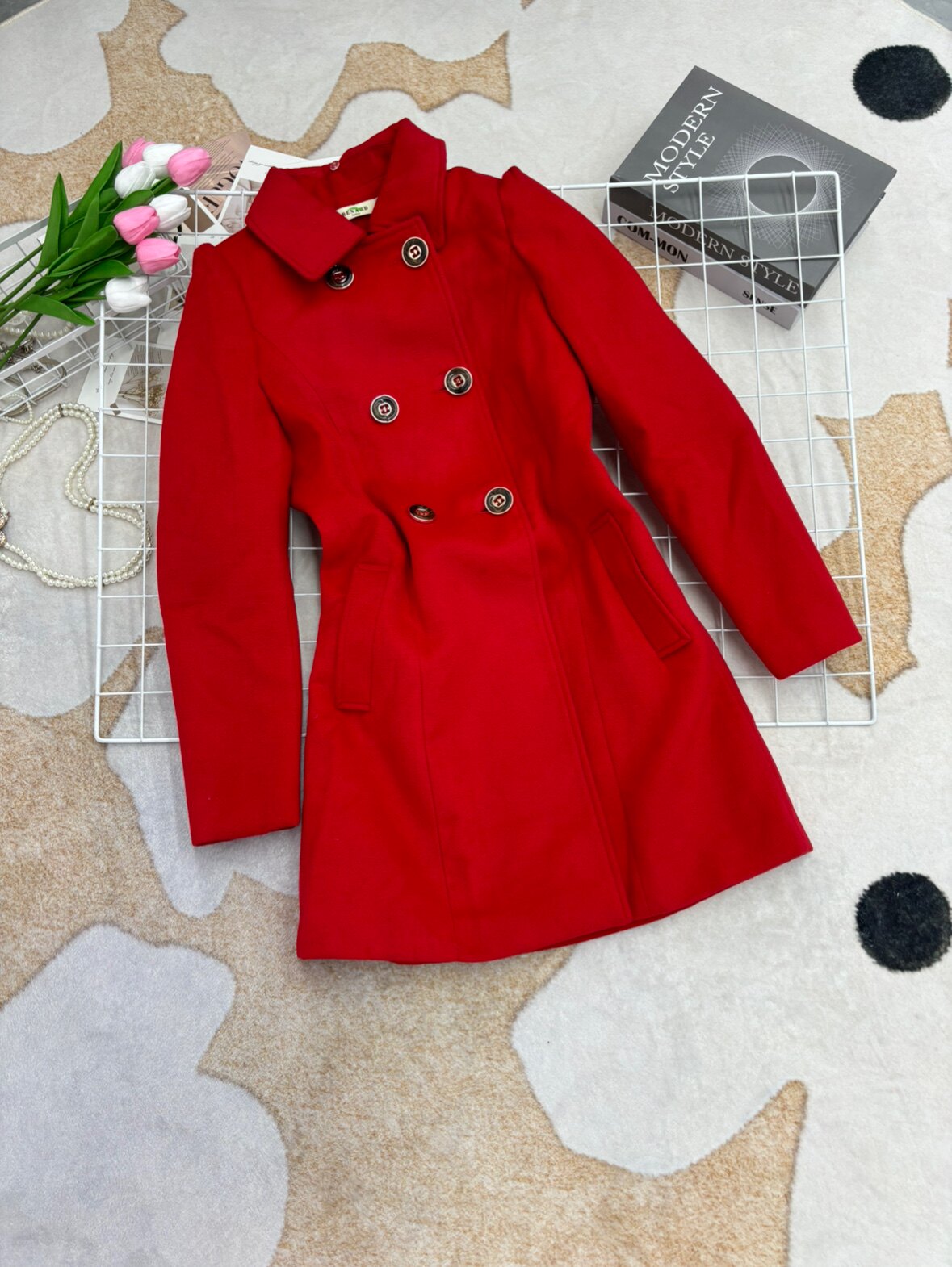 2025新款时尚大红色气质显瘦百搭双排扣毛呢外套女款上衣