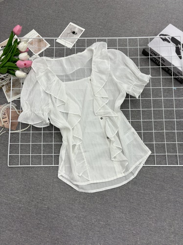 纯美时尚甜美气质宽松荷叶边短袖上衣女设计感小众宽松显瘦上衣