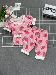睡衣套装 女童时尚 裤 中裤 甜美可爱粉色小兔子印花蕾丝花边短袖