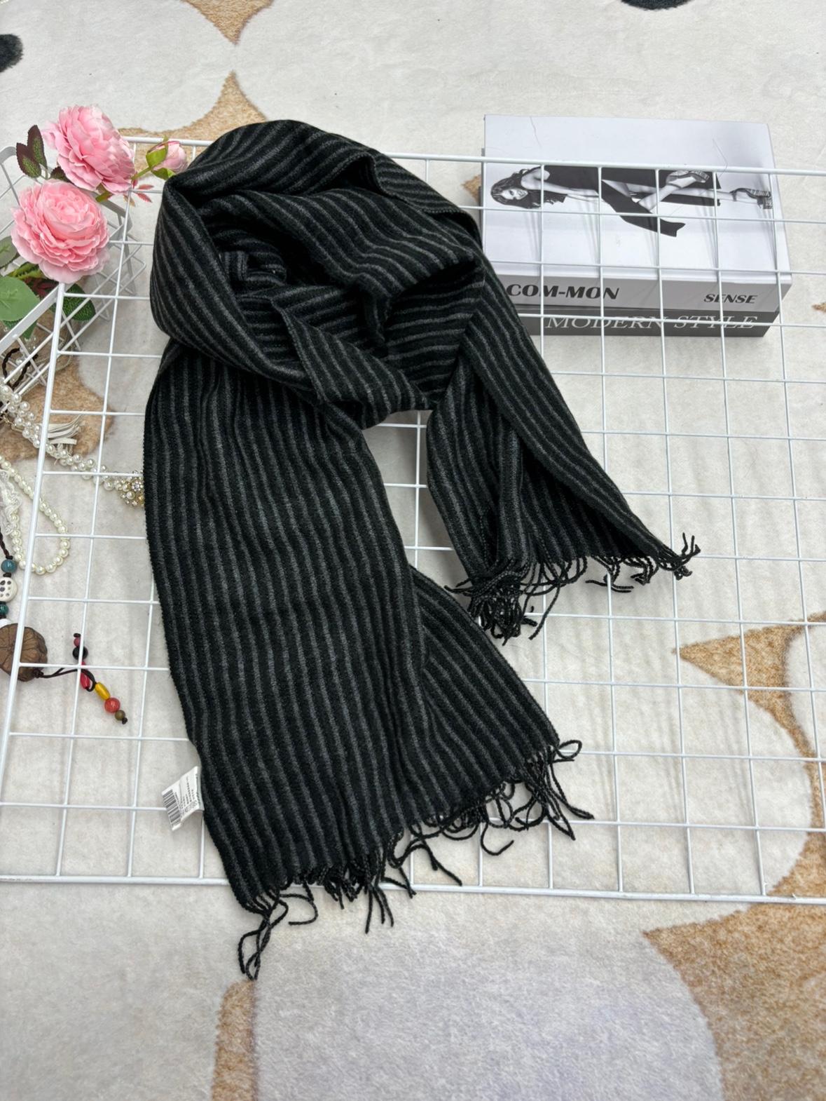 日系复古细条纹森系薄围巾长款丝巾女春秋百搭棉麻新品