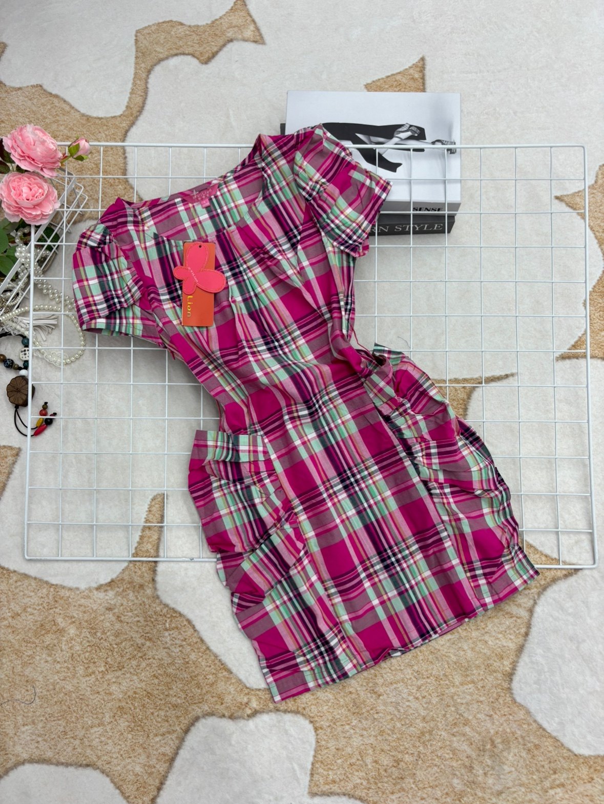 阿家时尚美式复古格子短袖连衣裙女夏季款宽松显瘦口袋气质学院风