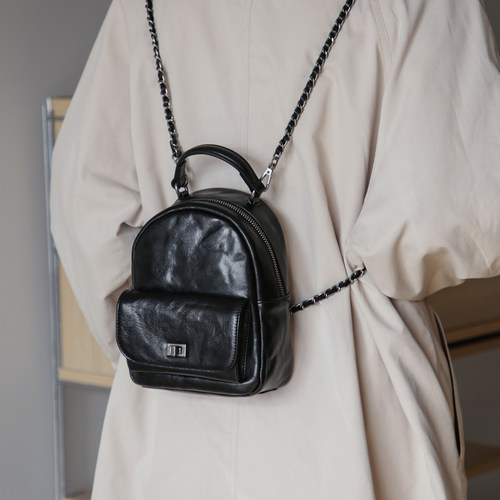 古造复古头层牛皮链条迷你双肩包