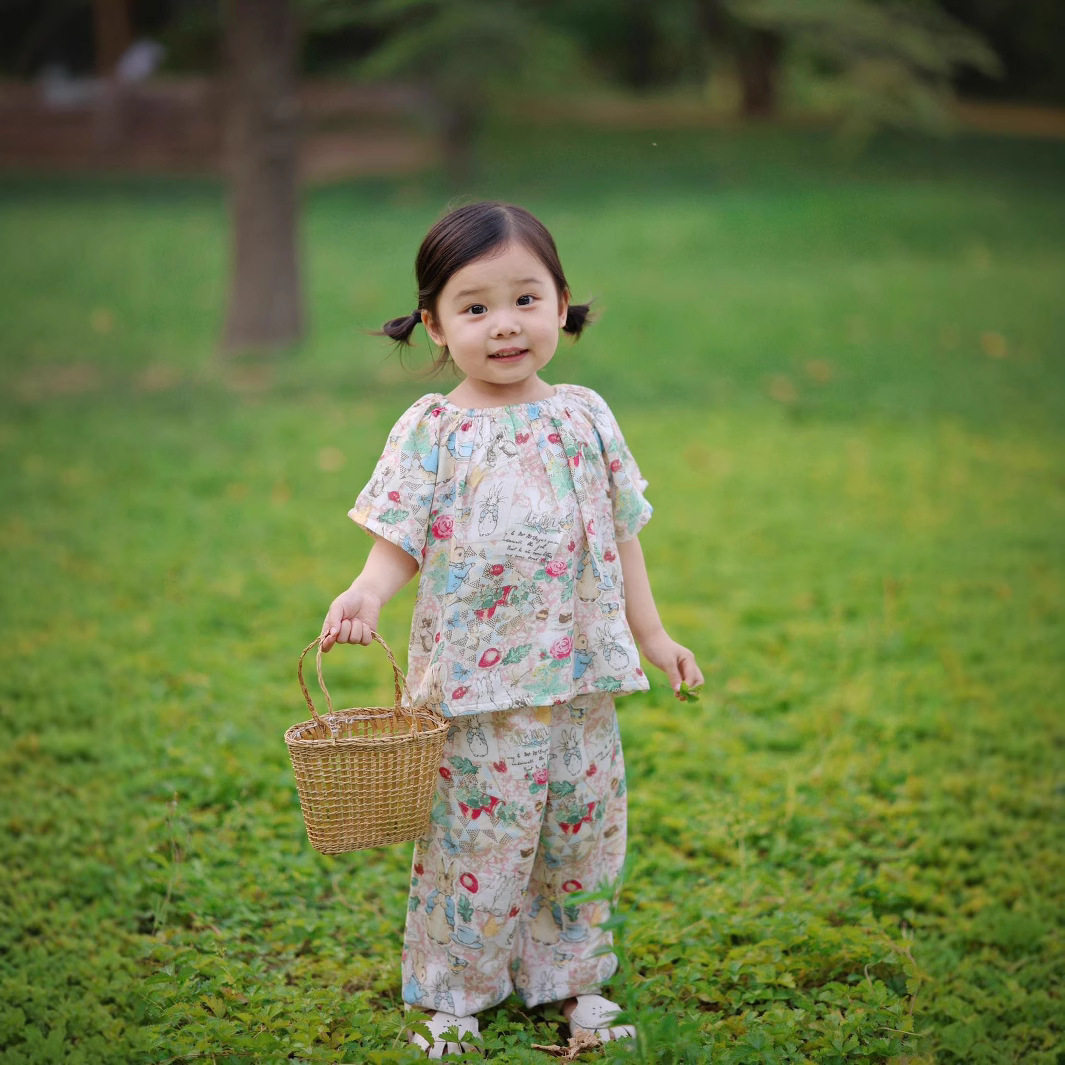 夏竹纤维儿童家居服套装A类竹棉轻薄透气女童短袖睡衣宝宝空调服