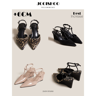 女春夏百搭豹纹一字带高跟鞋 法式 包头尖头后绊带坡跟凉鞋