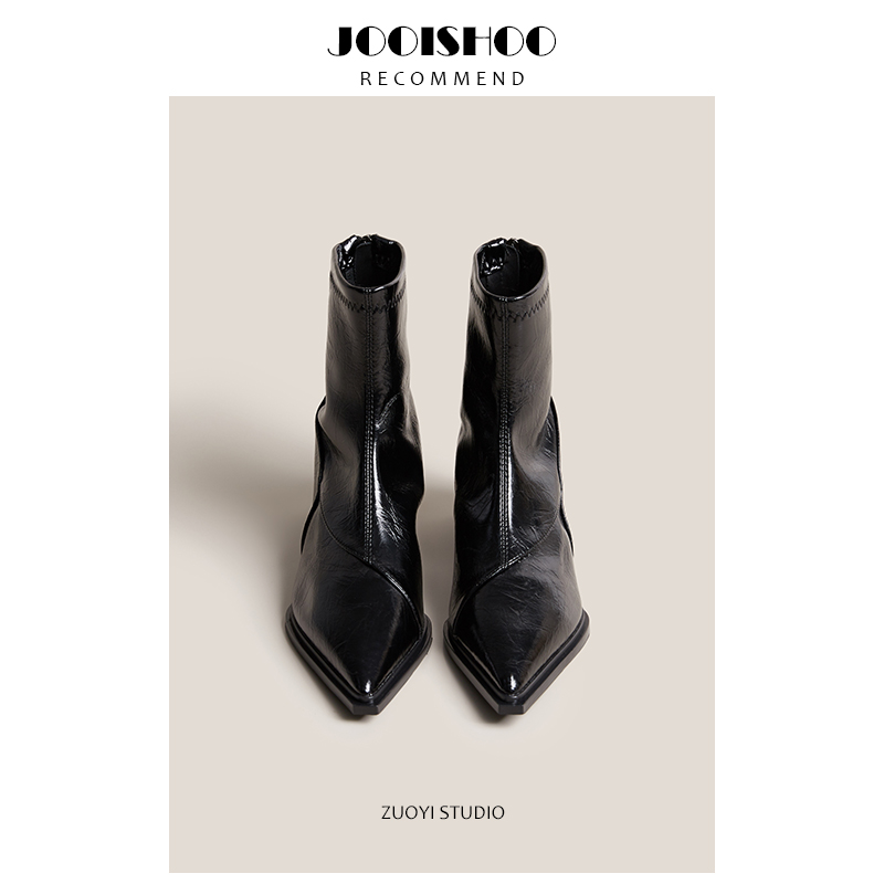 佐一不服2025新款弹力瘦瘦靴女复古风尖头粗跟短筒靴中跟套筒短靴