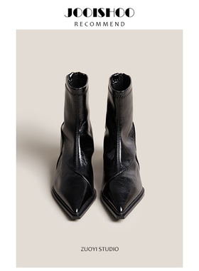 佐一不服2025新款弹力瘦瘦靴女复古风尖头粗跟短筒靴中跟套筒短靴