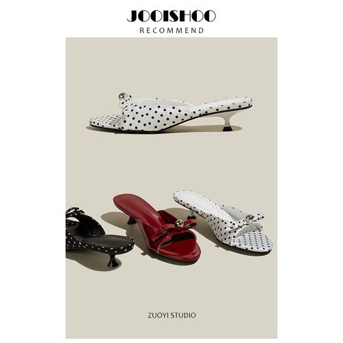 佐一studio真皮版！小众设计蝴蝶结猫跟拖鞋新款珍珠波点露趾凉拖