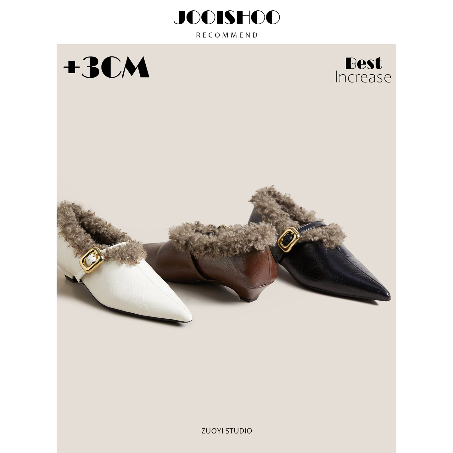 内增高玛丽珍鞋女尖头加绒一字扣带毛毛鞋小众设计感单鞋