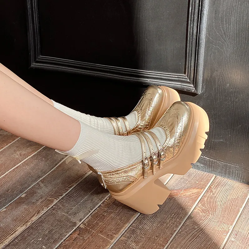 12cm超高粗跟浅口单鞋女皮带扣银金色婚礼小皮鞋子百搭玛丽珍女鞋