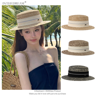 法式 春夏海边度假遮阳帽显脸小网红 复古老钱风平顶草帽女2026新款