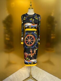 高品质 真丝连衣裙 欧美女神 黑底车轮彩花19姆米真丝双乔收腰长袖