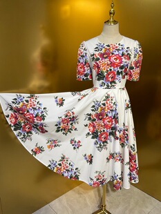 欧美女神D家同款黑白底大花府绸棉布短袖太摆连衣裙 高品质