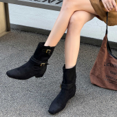 瘦瘦靴好看百搭绒面女靴 新款 单里磨砂皮时尚 休闲矮跟短靴2026春季