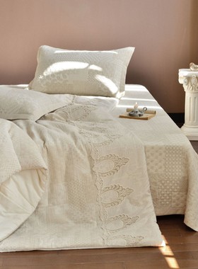 外贸法式全棉棉麻四季被床盖四件套 蕾丝花边亚麻床盖三件套