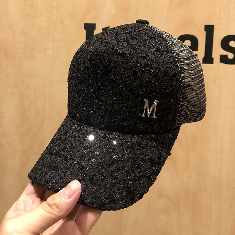 帽子女韩版潮鸭舌帽字母亮片带钻m字太阳帽夏防晒百搭黑色棒球帽