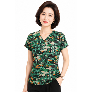 台航100%桑蚕丝真丝针织印花修身时尚天然舒适优雅V字叠领女短袖