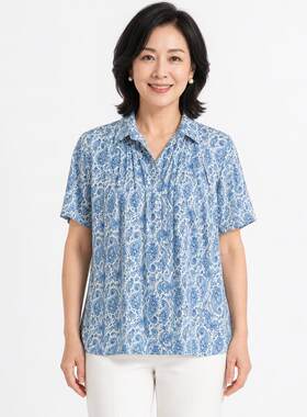 台航桑蚕丝夏季短袖褶裥印花翻领