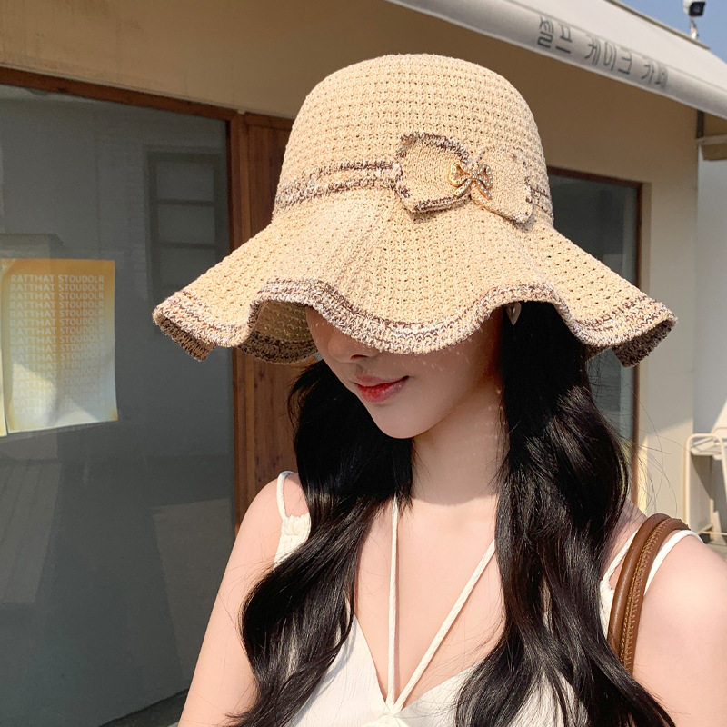韩版春夏帽子女气质蝴蝶结荷叶边草帽户外防晒遮阳帽折叠太阳帽潮