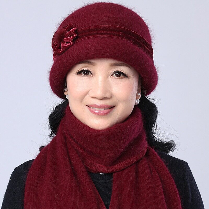 秋冬中老年帽子女兔毛针织毛线帽奶奶老人冬季中年妈妈加绒帽围巾