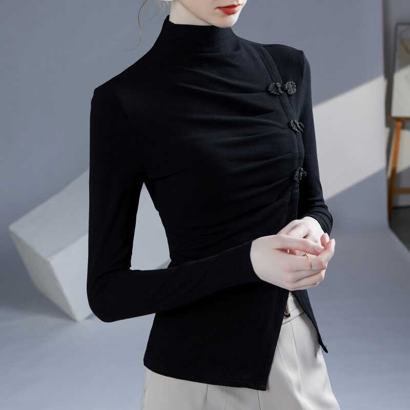 半高领盘扣收腰打底衫T恤新中式