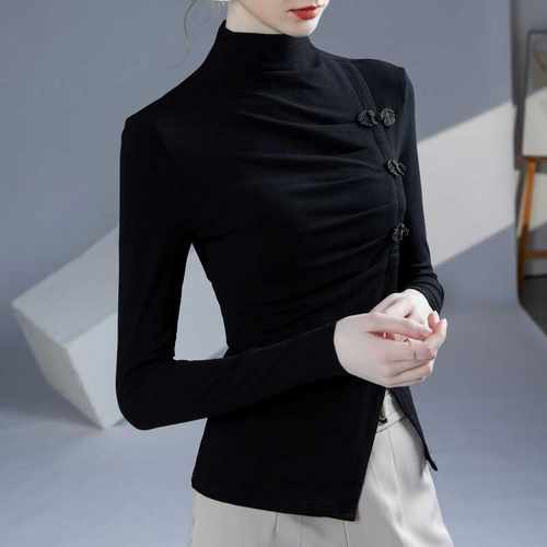 半高领盘扣收腰打底衫T恤新中式