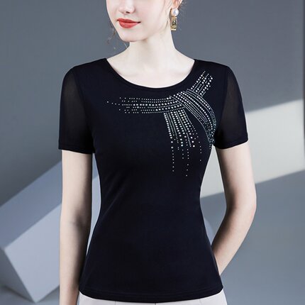 2026新款拉丁舞上衣女短袖网纱跳国标摩登舞练功交谊舞舞蹈服镶钻