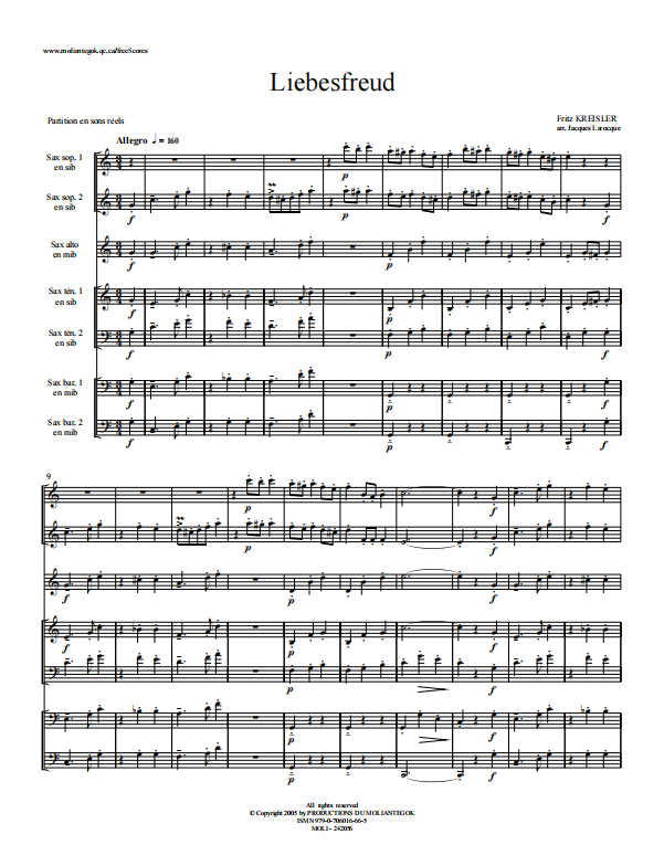 萨克斯四重奏-《爱的喜悦》总谱分谱