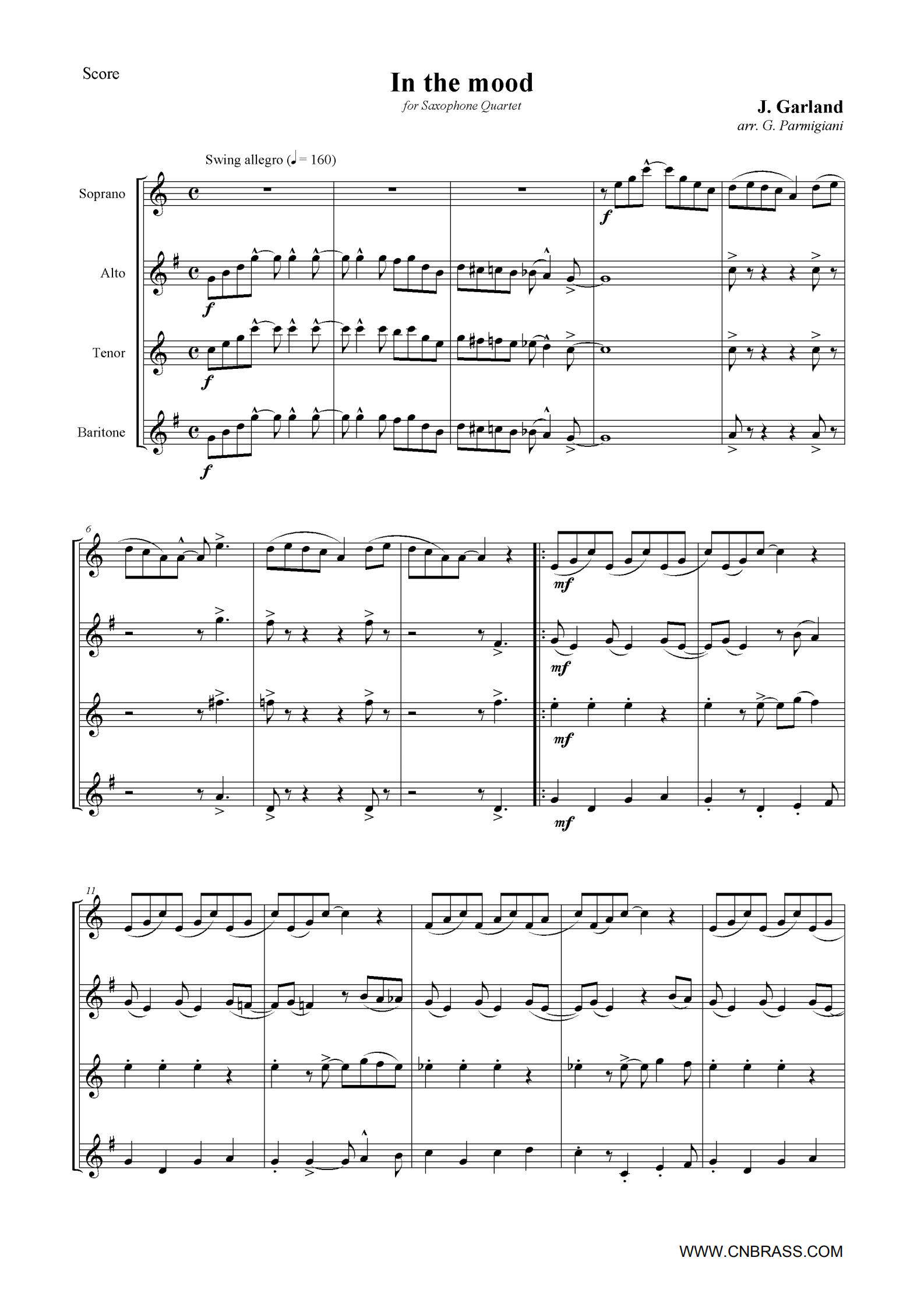 萨克斯四重奏《in the mood》总谱分谱