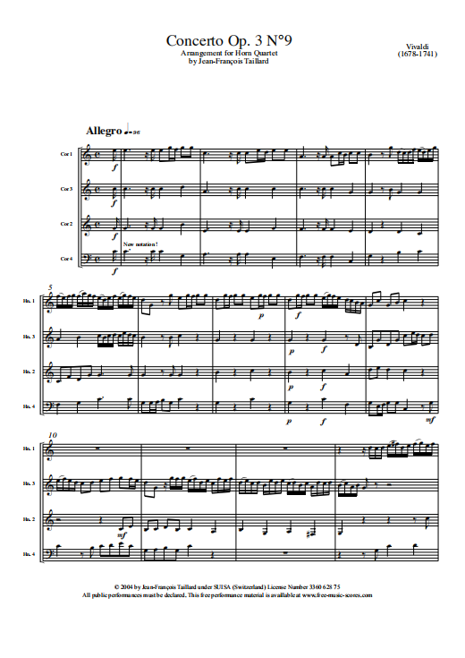 圆号四重奏《concerto op. 3 n°9》总谱分谱