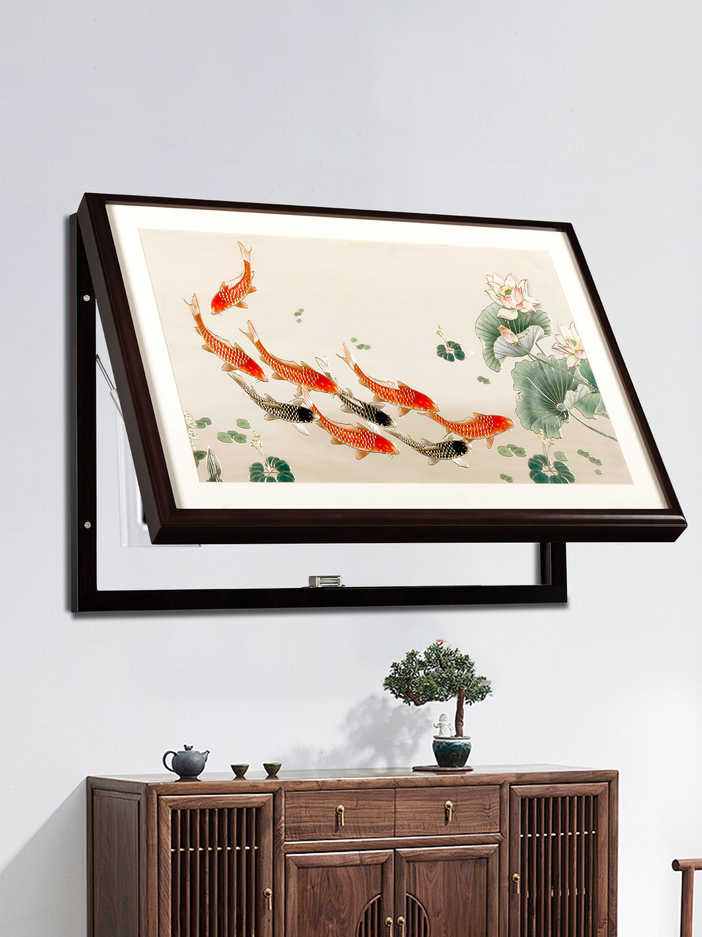 九鱼荷花图电表箱装饰画2025新款铜雕画遮挡箱盒挂画高级感壁画