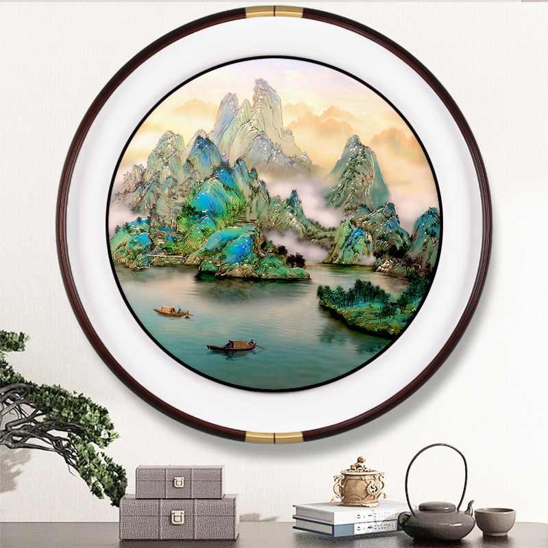千里江山图客厅挂画入户玄关装饰画圆形铜雕画带灯山水壁画高端大,家居饰品,现代装饰画,淘宝优惠券,粉丝福利购,淘宝优惠卷