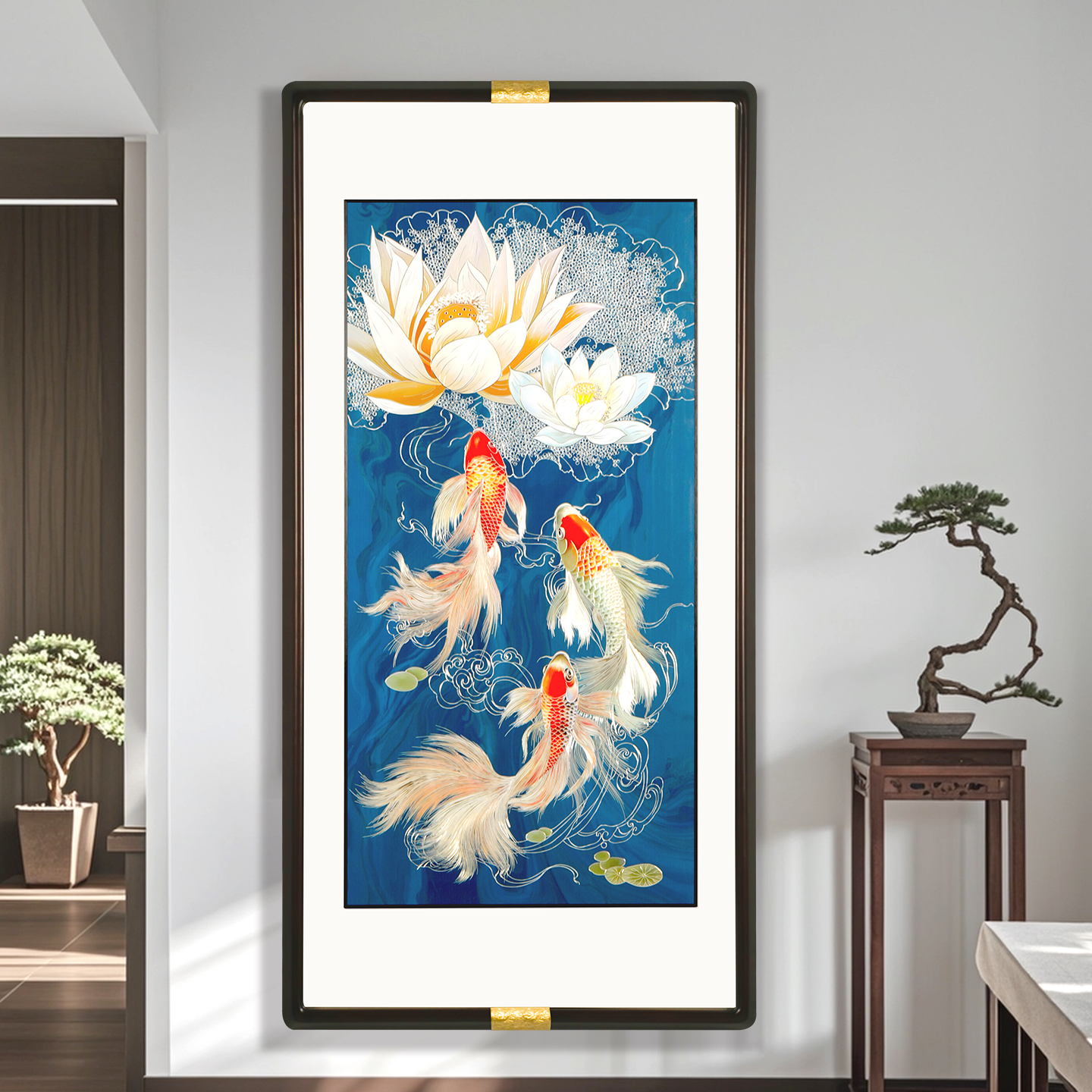 荷花九鱼图入户玄关装饰画铜雕画寓意好高级感铜板挂画2025新款图片