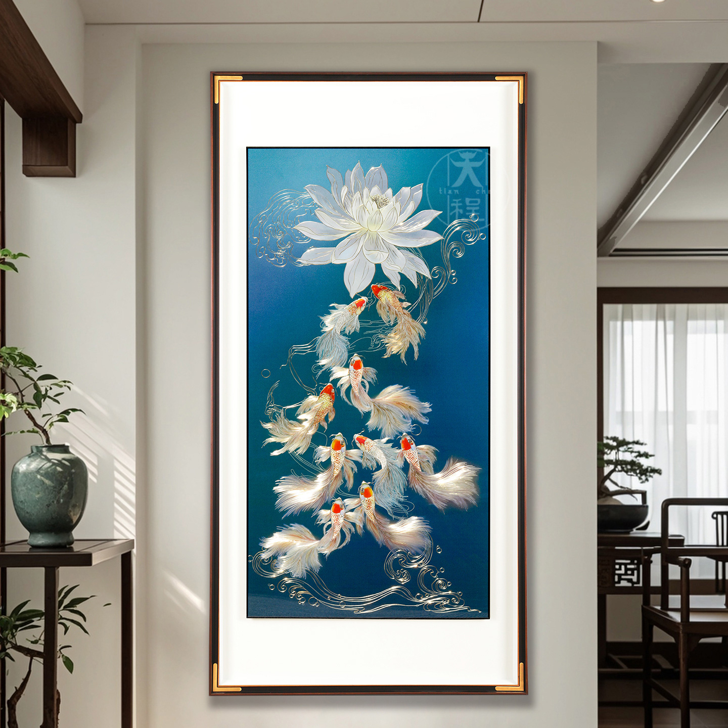 富贵荷花九鱼图入户玄关装饰画竖版铜雕画走廊过道挂画2025新款高图片