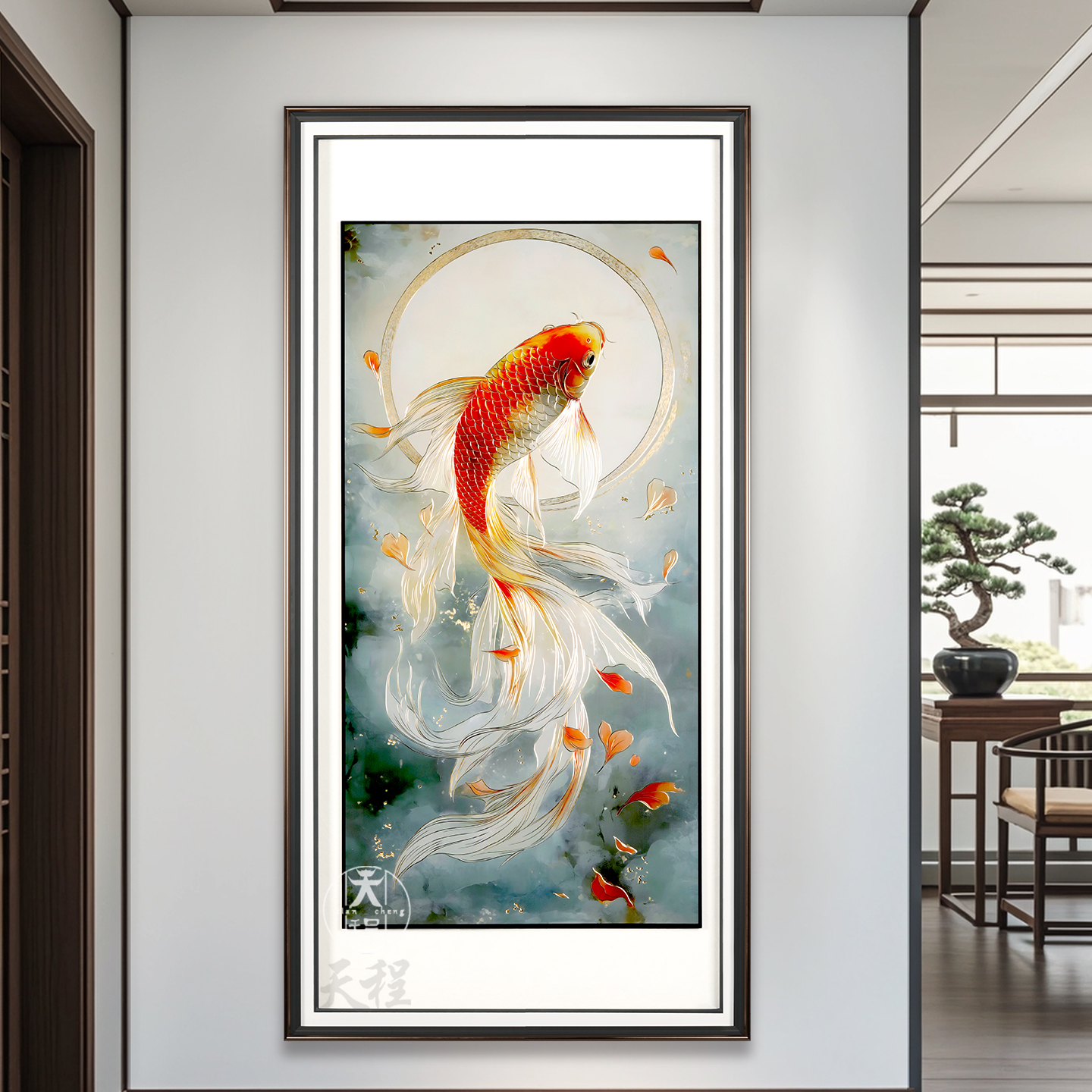 锦鲤入户玄关装饰画竖版铜雕画
