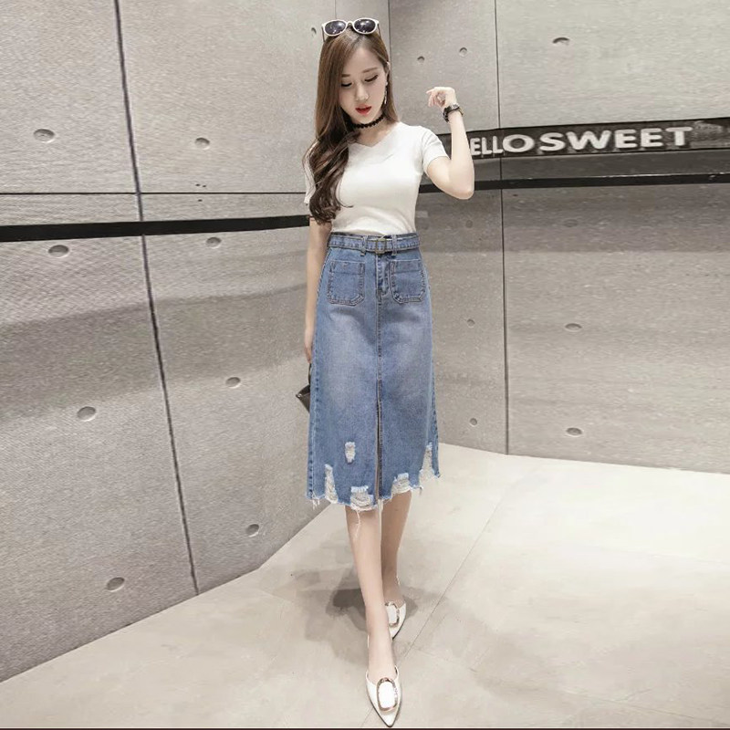 韩国2019新款高腰中长裙女毛边破洞牛仔裙半身裙包臀a字开叉裙子|msdalam kategori Butik wanita / wanita, skirt - dari Buy2taobao.com untuk memberikan perkhidmatan ejen Taobao profesional membeli