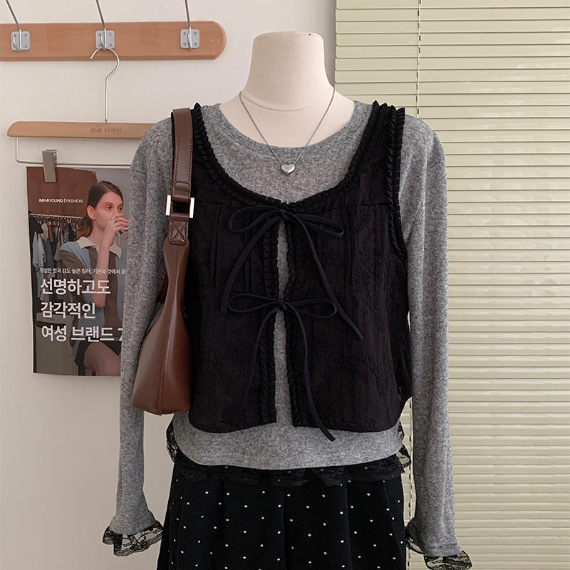 花花家韩系2025秋季新款修身显瘦复古背心+长袖T恤两件套装上衣女