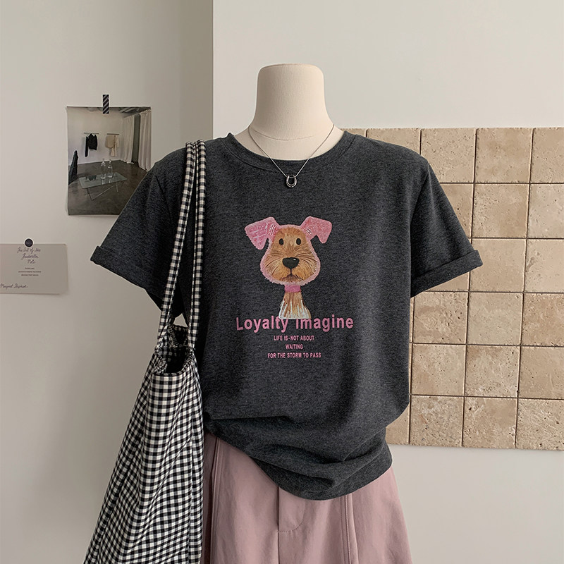 花花家韩系可爱休闲风粉色小狗印花灰色短袖T恤女夏季百搭上衣女