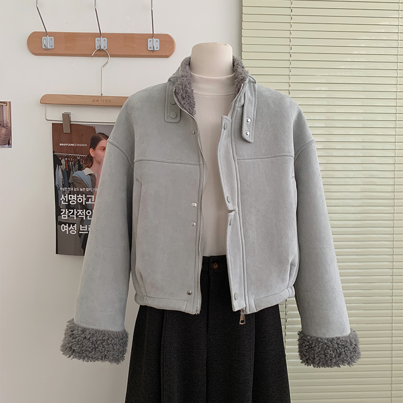 花花家韩系2025秋冬新款立领短款外套女加厚保暖羊羔毛夹克上衣女