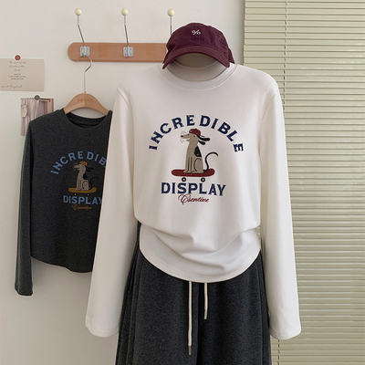 花花家韩系2025秋冬新款圆领字母印花长袖t恤女减龄显瘦内搭上衣