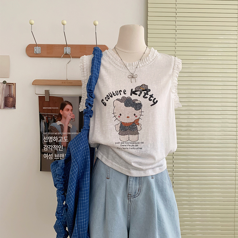 花花家韩系2025夏季新款圆领无袖背心女印花宽松显瘦蕾丝花边上衣