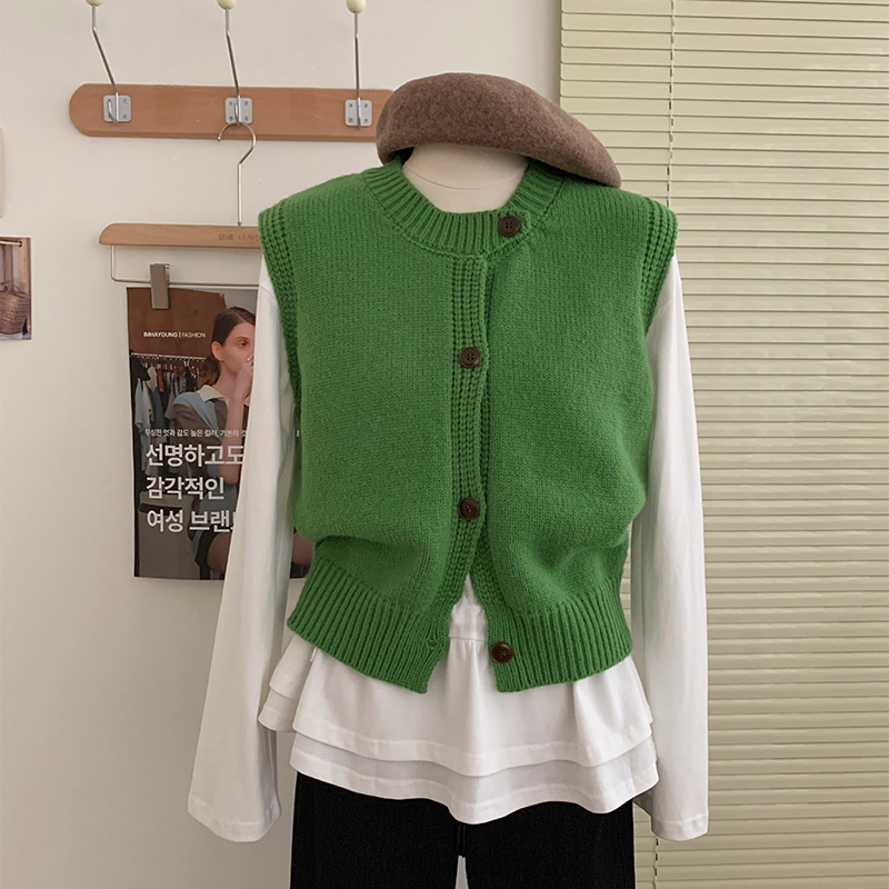 花花家韩系2025秋冬新款圆领绿色针织马甲女显瘦无袖坎肩背心上衣