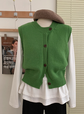 花花家韩系2025秋冬新款圆领绿色针织马甲女显瘦无袖坎肩背心上衣