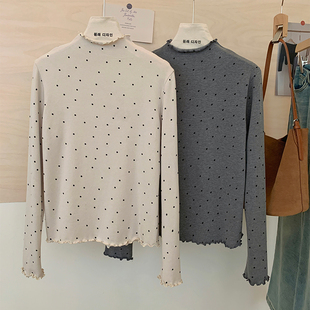 女软糯加绒内搭t恤上衣 波点半高领打底衫 花花家韩系2025冬季 新款
