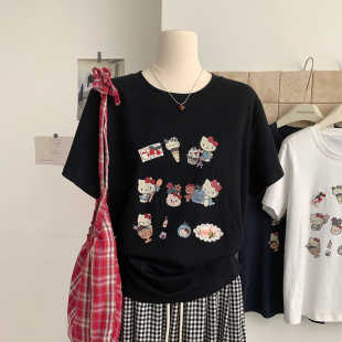 花花家韩系卡通可爱风印花短袖T恤女小个子宽松百搭减龄圆领上衣
