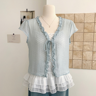花花家韩系夏季新款荷叶边波点吊带两件套女百搭显瘦系带小衫上衣