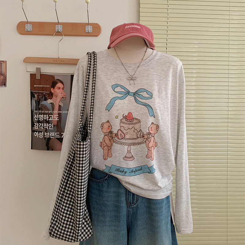 花花家韩系2025秋季新款宽松显瘦印花长袖T恤女正肩字母圆领上衣