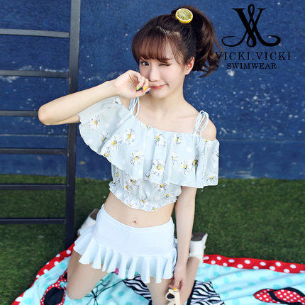 包邮新款泳衣 性感一字肩分体裙式三件套泳衣女钢托聚拢小胸温泉